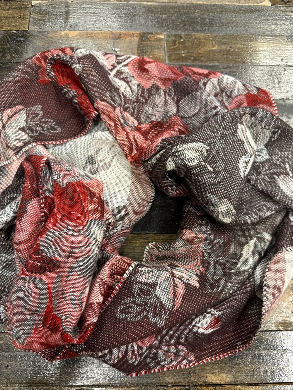 Red Rose Floral Infinity Scarf Black Gray Soft Acrylic Romantic Gothic
